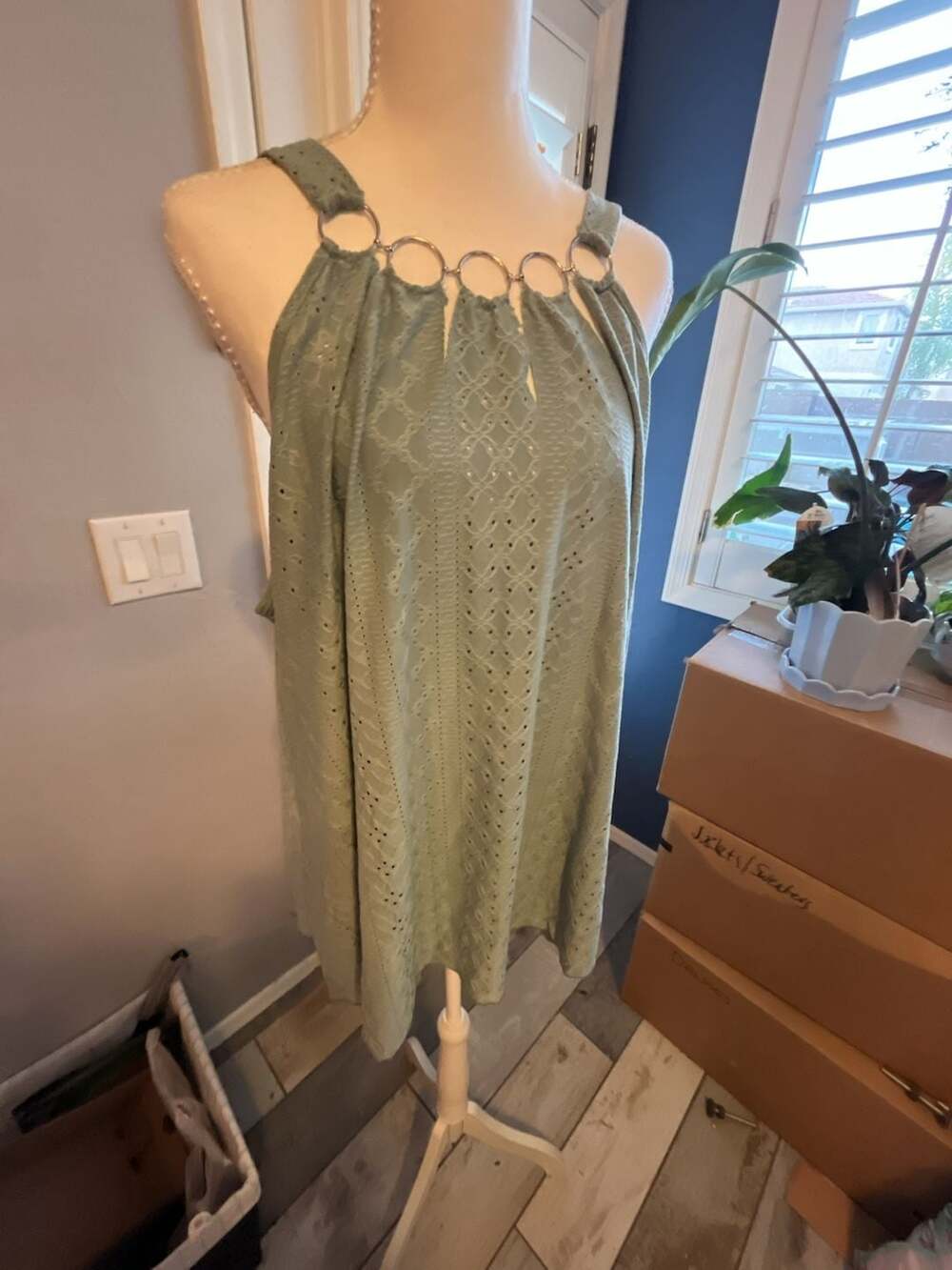 Shein Sage Green Eyelet O-Ring Halter Top